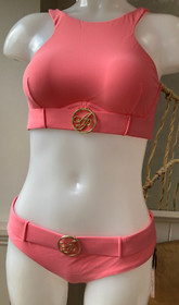 Agent Provocateur pink bikini L gold logo belt NEW bra top & briefs retro style