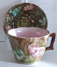 Pretty/Old Majolica Rustic Floral Coffee Cup & Saucer Set, Circa 1880
