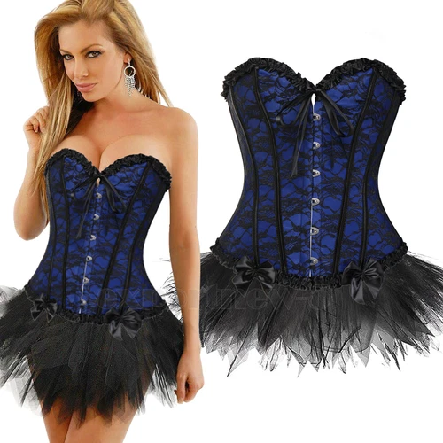 Ladies Lace Strapless Up Burlesque Corset Fancy Dress Costume Overbust Top&Tutu - Picture 10 of 31