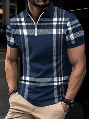 Camisa golf tipo polo cuadros hombre moda corte cremallera mangas cortas azul