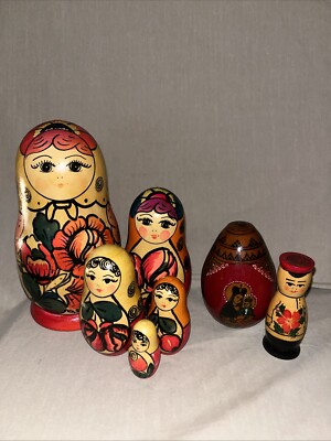  VTG WOODEN NESTING DOLLS, FIGURINE, & ORTHODOX EGG. GERMANY HAND PAINTED