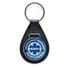 EMR Emergency Medical Responder Black Leather Keychain Silver Keyring Military