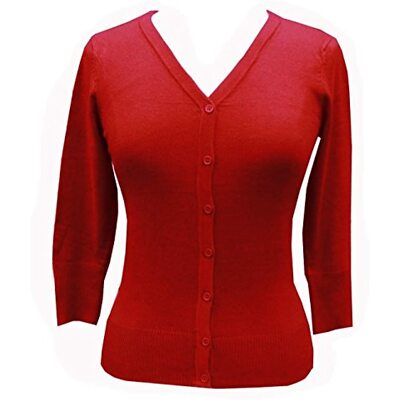 Red Mak 3/4 Sleeve Cardigan Sweater V-Neck Cherry Red Size