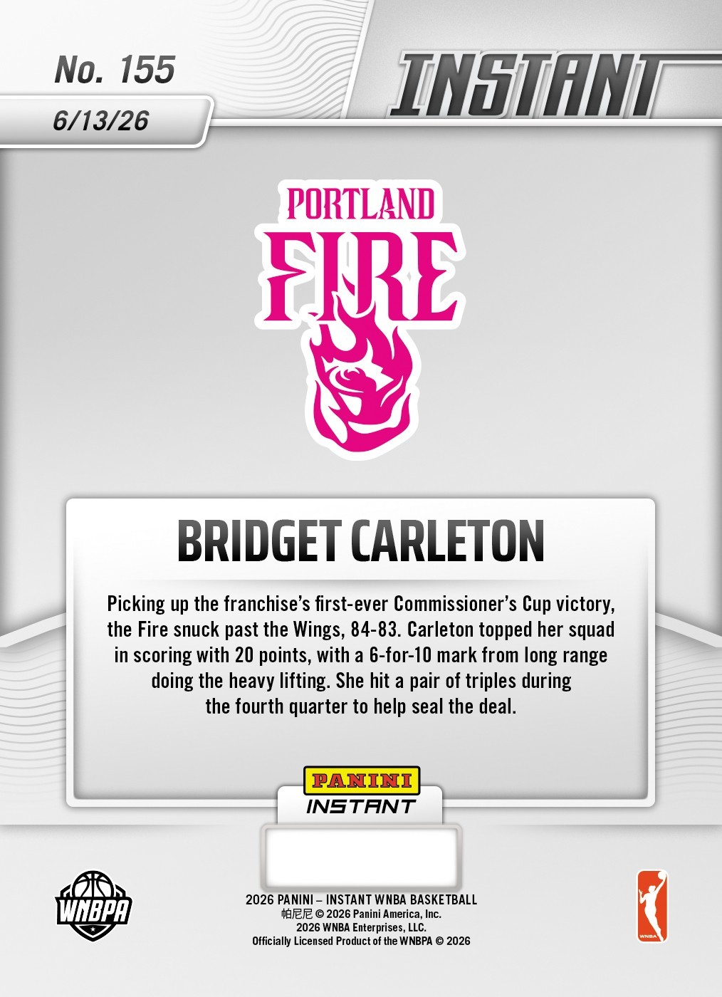 2026 Panini Instant WNBA #155 Bridget Carleton Portland Fire PRESALE view 2