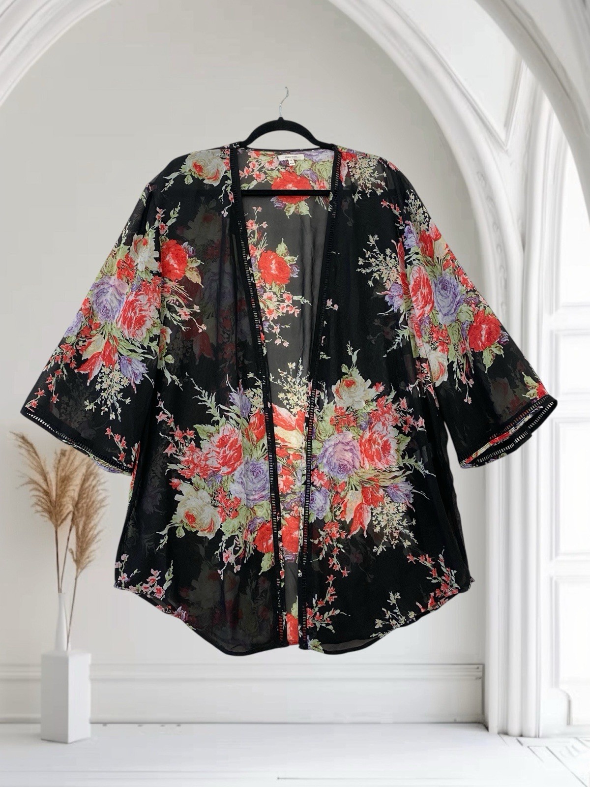 Maurices Black Floral Open Front Kimono Top Size XS S Relaxed Boho Chic
