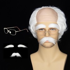 Short White Old Man Wig with Mustache Glasses White Grandpa Balding Cap Cospl...