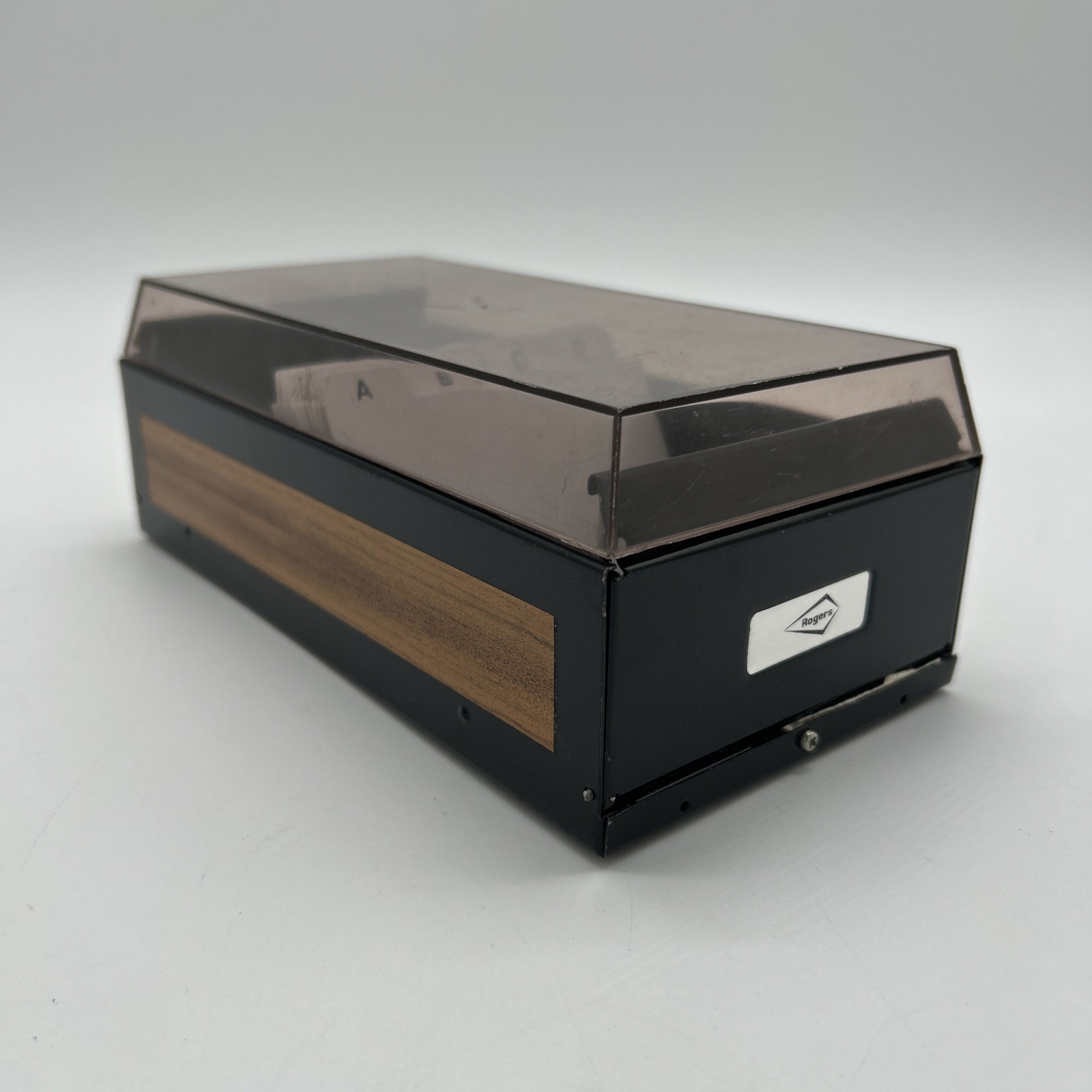 Rogers Rolodex Style Business Card File Box Smoke Tint & Black Steel w/ Dividers