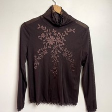 Vintage Y2K Sheer Mesh Fairy Grunge Top Sz Medium Brown Embroidered Whimsigoth