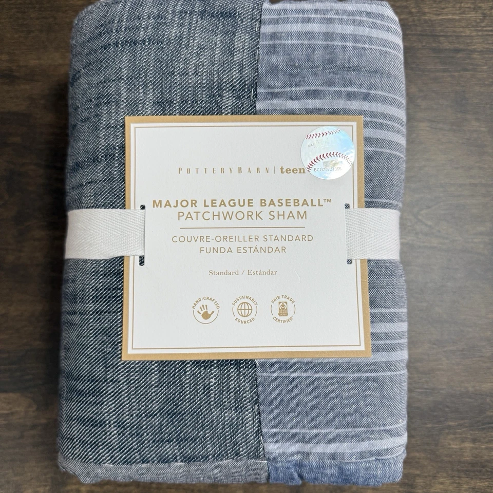 POTTERY BARN TEEN MLB PATCHWORK ACOLCHADO FALSO CONJUNTO DE 2 ESTÁNDAR ~ AZUL Foto 3 de 4