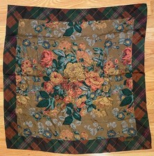 Ralph Lauren Floral Silk Vintage Square Scarf 35  Brown Green Plaid Floral Polo