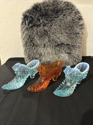 Vintage MCM Fenton Glass Shoes Amber And Skye Blue/Ocean Blue  Lot Of 3