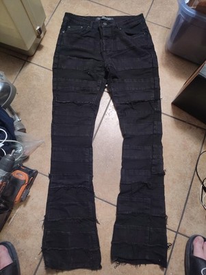 VALABASAS Men's Black Distressed Flared Slim Fit Jeans Dark Wash Metal Goth Emo