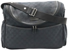 Gucci GG Canvas Messenger Diaper Bag Shoulder Black Leather 14.2x11.8in Auth