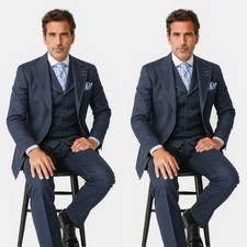 Denim 3Pcs Men's Suits Peak Lapel Jacket Blazer Blue Casual Business Coat Blazer