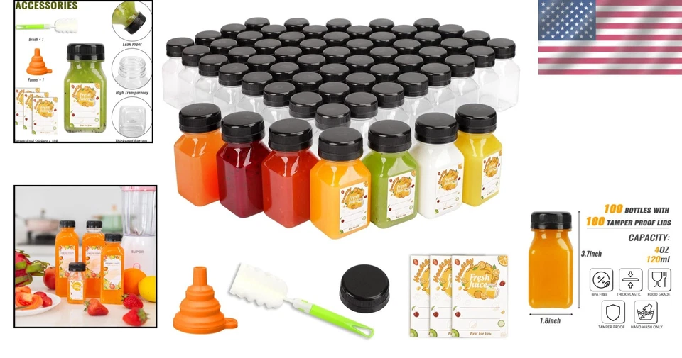 100 peças frascos de suco de 4 oz com tampas, etiquetas e funil - Imagem 2 de 4