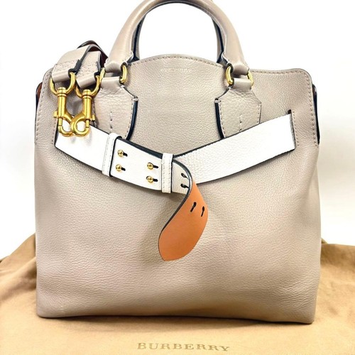 BURBERRY Leather Gray 2Way Tote Shoulder Handbag A4 Elegant Used From Japan