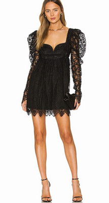 Lovers + Friends 2XS Black Lace Sweetheart Puff Long Sleeve Tie Back Mini Dress