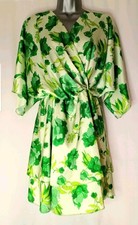 MADE IN ITALY Ladies green wrap dress, floral, layered hem, one size (A385)