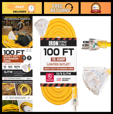 100ft Heavy Duty Outdoor Extension Cord, Lighted, 3 Outlets, 12/3 Gauge, 15 AMP