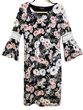 Glamour Women's Dress 3/4 Bell Sleeve Shift Dress Black Ivory Pink Floral Sz. 12