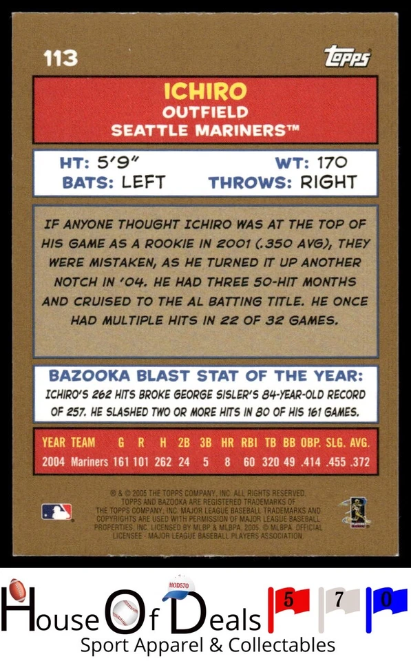 2005 Bazooka #113 Ichiro Suzuki Gold Chunks Seattle Mariners Baseball Card - Image 2 of 2