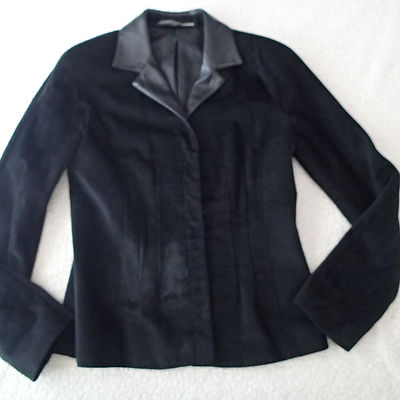 LINDA ALLARD ELLEN TRACY BLAZER JACKET SZ black wool blend leather trim  ar