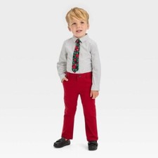 NEW 3pc Toddler Boys' Long Sleeve Woven Shirt, Tie, and Pants Set - 12M