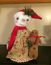 Primitive Snowman Girl Stump Doll & Gingerbread Ornie - Handmade Winter Decor