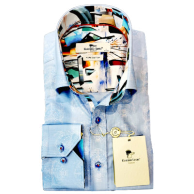 Claudio Lugli Soft Satin Cotton Floral Priented Shine Shirt   - SKY