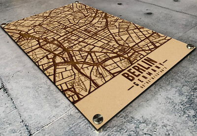 Laser Engraved Berlin Map Etched on 1/2'' Wood GR City Street Home Decor Germany