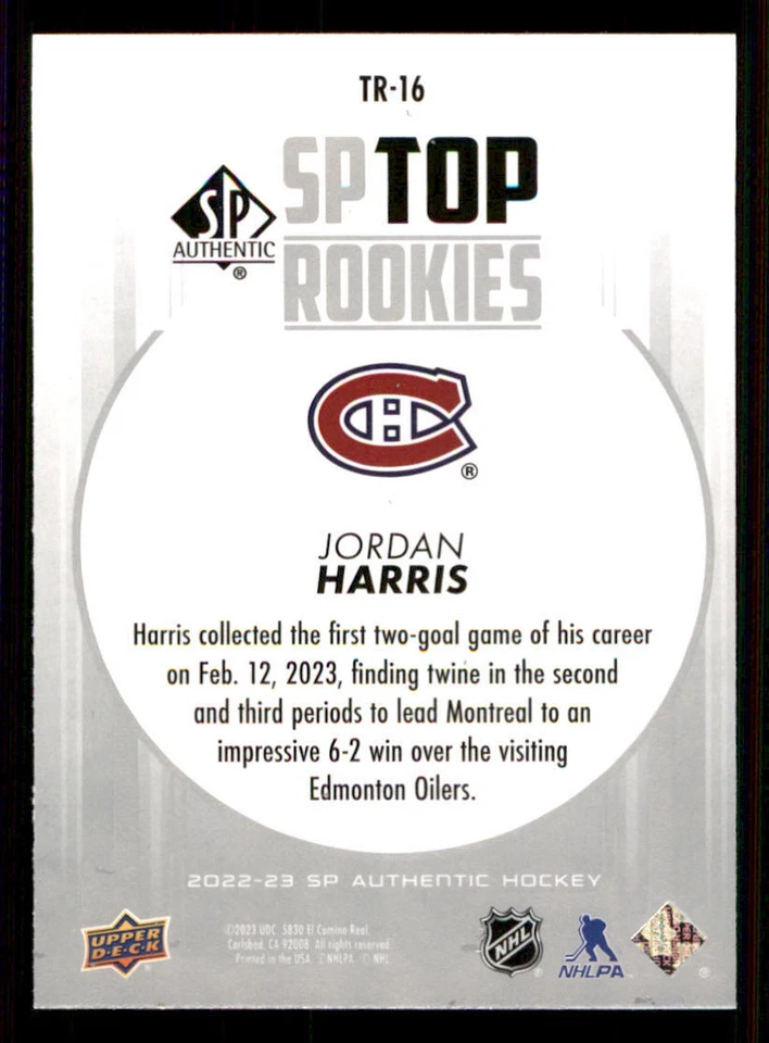 2022-23 SP Authentic Top Rookies #TR16 Jordan Harris - Image 2 of 2