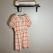 NWT Loft Outlet Mini Dress Women Size Medium Plaid Puff Sleeve Pink Orange Shift