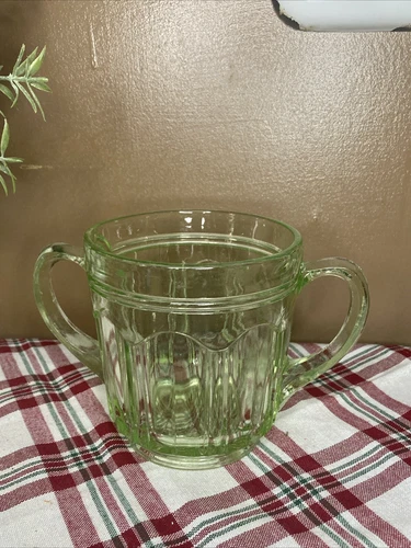 Vintage Anchor Hocking Colonial Green Uranium Depression Glass Open Sugar Bowl