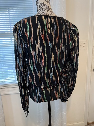 Vintage 80's Rimini Silky Rayon Blouse Top Size Large Black With Metallic Flames - Picture 9 of 10