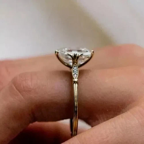 5Ct Asscher Cut Real Moissanite Engagement Wedding Ring 14K Yellow Gold Plated - Picture 3 of 4