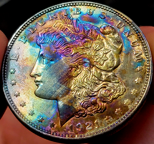 1921 P Morgan Silver Dollar gem bu MONSTER Rainbow Toning 195