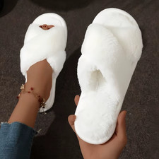 Cross Warm Fluffy Furry Slippers Women Lightweight Flat Heels Fur Slides Woman A
