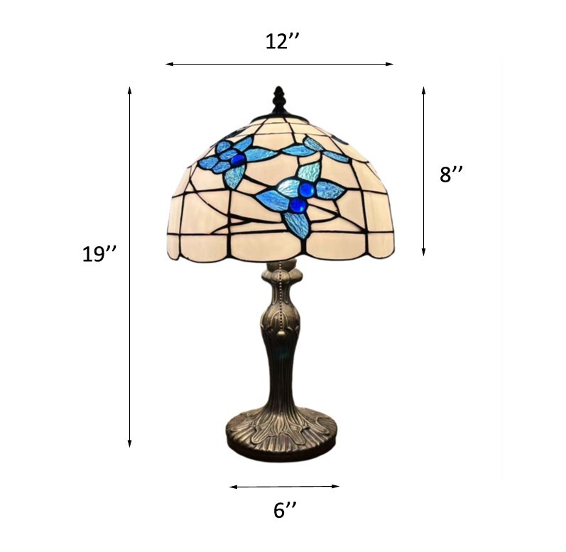 Tiffany Style Table Lamp White Stained Glass Blue Flowers LED Blub