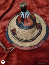 Authentic Vintage Fulani Hat Hand Woven Straw Leather West African Conical Hat
