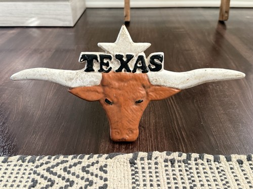 Vtg Cast Iron Texas Longhorn Hand Painted Trailer Hitch Cover Art 12” Long
