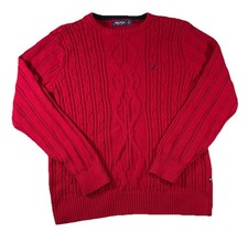 Nautica Men's Large Red 100 Cotton Ribbed Cable Knit Crew Neck Pullover Sweater