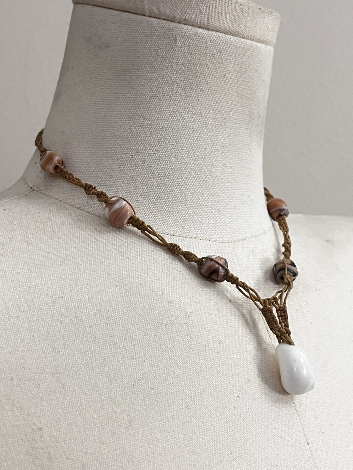 Seashell Necklace Brown String With Beaded Accent… - image 2
