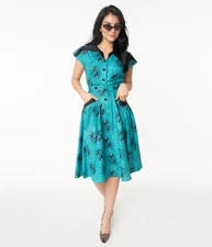 Aqua Vampire Mermaid Print Hedda Swing Dress by Unique Vintage