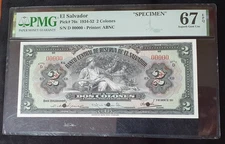 EL SALVADOR 1951 2 COLONES SPECIMEN PMG 67 EPQ GODDESS DESIGN BIG FORMAT