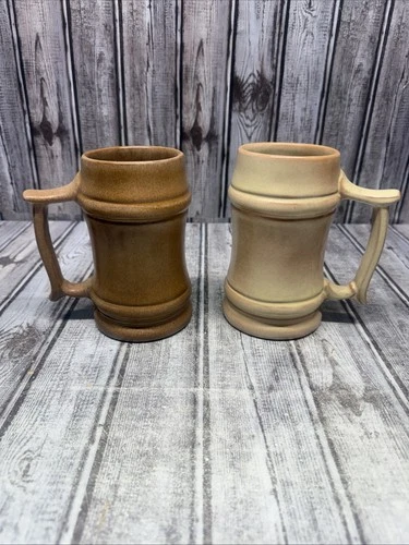 Frankoma Pottery Mugs Log Two Vintage Brown Cream Color Beer Stein