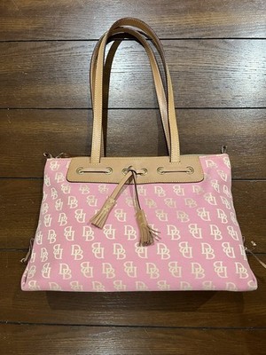 Dooney & Bourke Logo Print Handbag Purse Shoulder Bag PINK with TAN Leather Trim