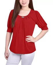 NY Collection Women's Top Petite PL Short Sleeve Balloon