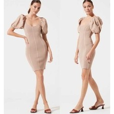 ASTR Beige Nude Balloon Sleeve Ribbed Bodycon Mini Dress Size Small NWOT