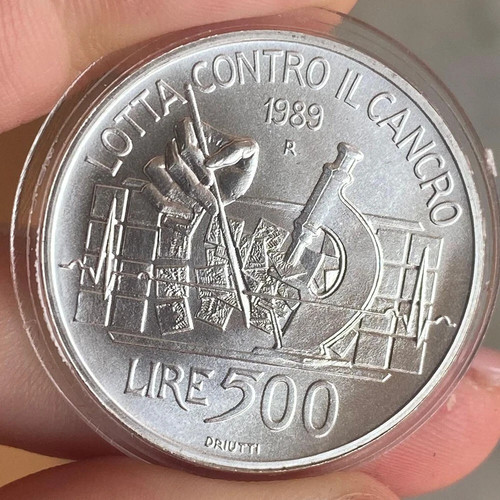 LOTTA CONTRO IL CANCRO 500 LIRE 1989 ARGENTO SILVER FIOR DI CONIO UNC - Foto 3 di 9