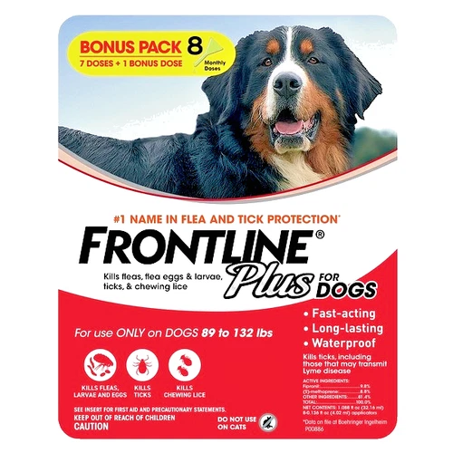 FRONTLINE PLUS FOR DOGS 8 DOSES (XL) 89-132 LBS. FOR FLEA, TICK, CHEWING LICE
